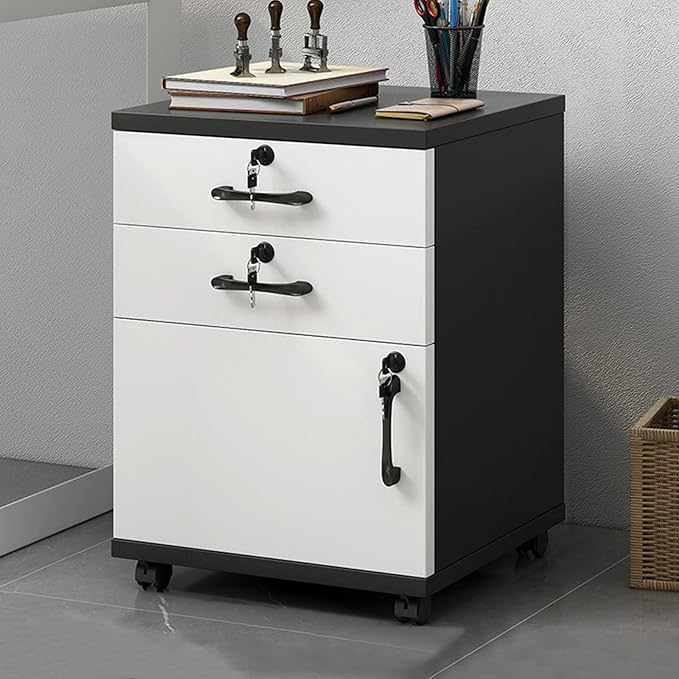 File Cabinet with Lock and Drawer 2-Drawer Vertical Filing Cabinet with Doors Mobile Under Desk Storage Cabinet with 360° Swivel Wheels for Legal/Letter/A4 Documents(Black+White)