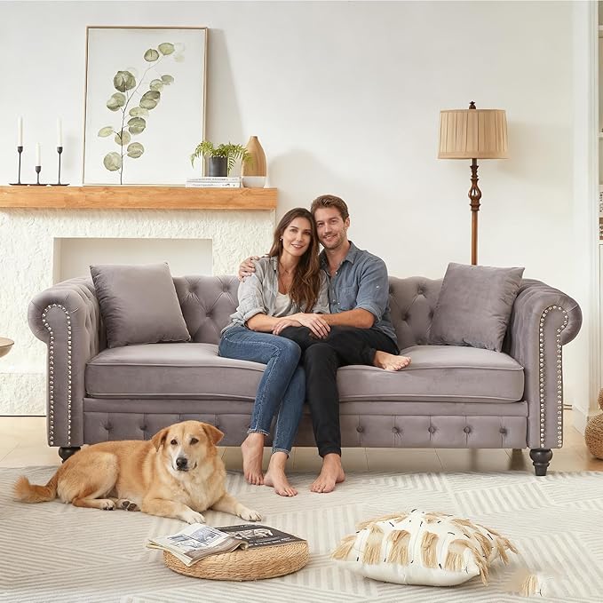 2 Piece Mid Century Modern Couch Set Retro Button Tufted Chesterfield Sofa muebles para la sala Comfy Deep Seat Upholstered Office Furniture Living Room Sofas Set (Grey Velvet Couch and Loveseat)