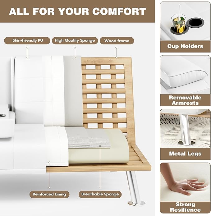 Homall Futon Sofa Bed Leather Futon Couch with Removable Armrests Adjustable Recliner Sleeper Sofa Bed with Dual Cup Holders for Living Room Apartment Office (White)