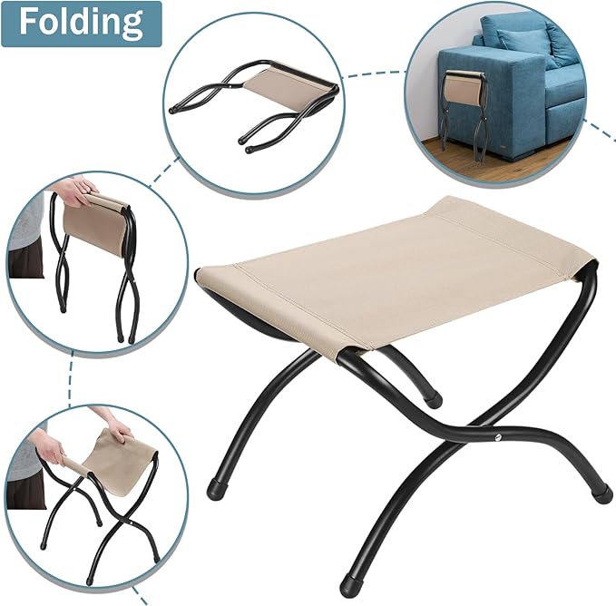 15 Foldable Foot Stool Ottoman with Metal Frame - Washable Black Upholstered Indoor/Outdoor Footrest for Living Room Bedroom Patio - Space-Saving Compact Design