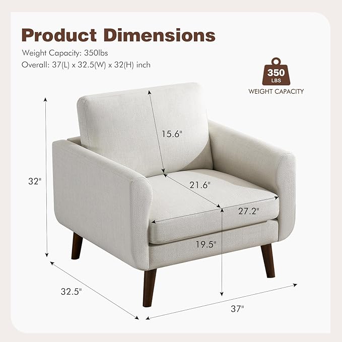 ELUCHANG Accent Chair Set of 1 Oversized Mid Century Modern Arm Chair Soft Linen Fabric Sofa Chairs Upholstered Comfy Chair for Living Room Bedroom Apartment (Creamy White)