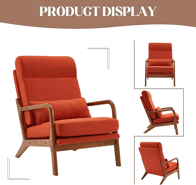 Hommoo Arm Chair Modern Accent Chair Comfy Linen Fabric Reading Chair High Back Leisure Chair with Wood Frame Accent Chair for Living Room Bedroom Balcony Orange