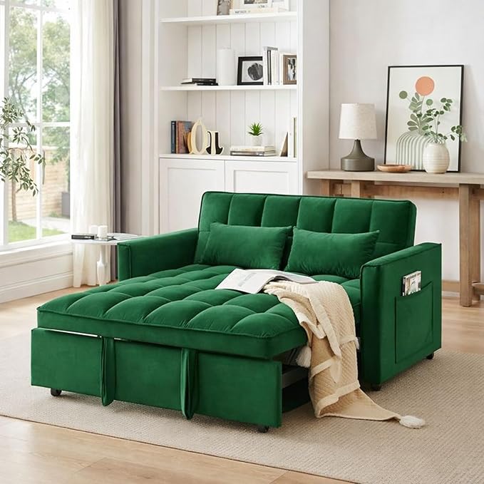 3 in 1 Convertible Sleeper Sofa Bed 55 Pull Out Couches Modern Loveseat Sleeper Sofa with Adjustable Reclining Backrest &amp Side Pockets for Living Room Velvet Fabric Green
