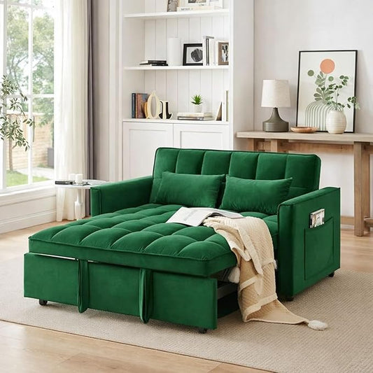 3 in 1 Convertible Sleeper Sofa Bed 55 Pull Out Couches Modern Loveseat Sleeper Sofa with Adjustable Reclining Backrest &amp Side Pockets for Living Room Velvet Fabric Green
