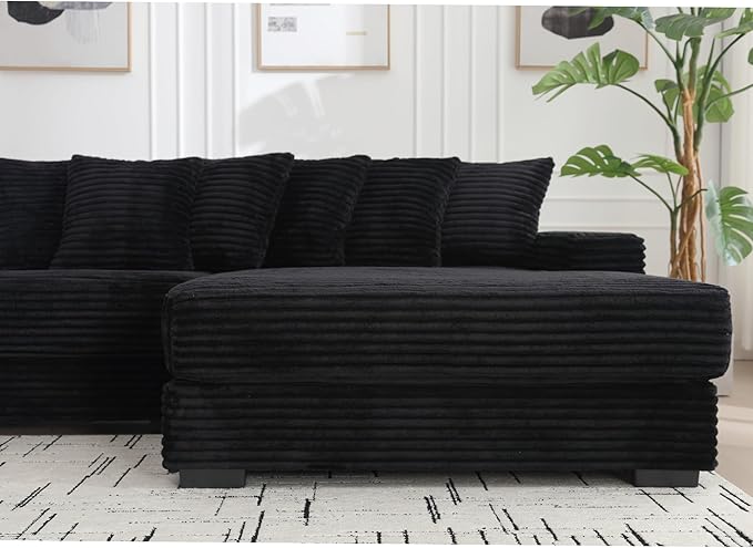 111 Inch Cloud Sectional Couches for Living Room | L-Shaped Sectional Couch with 8 Pillows | Corduroy Couch with Deep Seat | Solid Wood Frame Sofa Black (Right Facing Chaise)