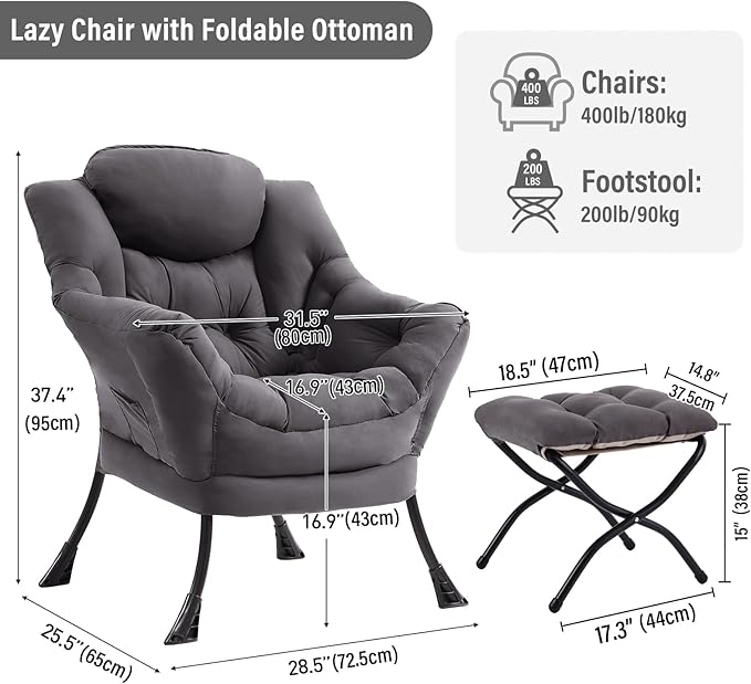 Lazy Chair with Ottoman Modern Chair with Folding Footrest Dark Grey Accent Chair Comfortable Reading Chair Oversized Armchairs for Bedroom Study Living Room Courtyard