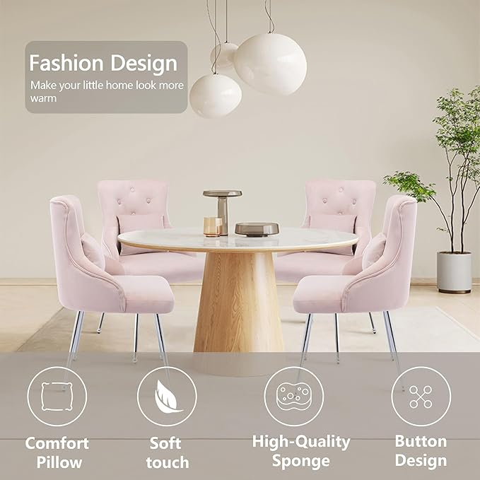 Velvet Vanity Dining Chairs Set of 4 Upholstered Makeup Accent Reading Chair Office Desk Vanity Stool Chairs with Metal Legs for Kitchen Bedroom Living Room Pink