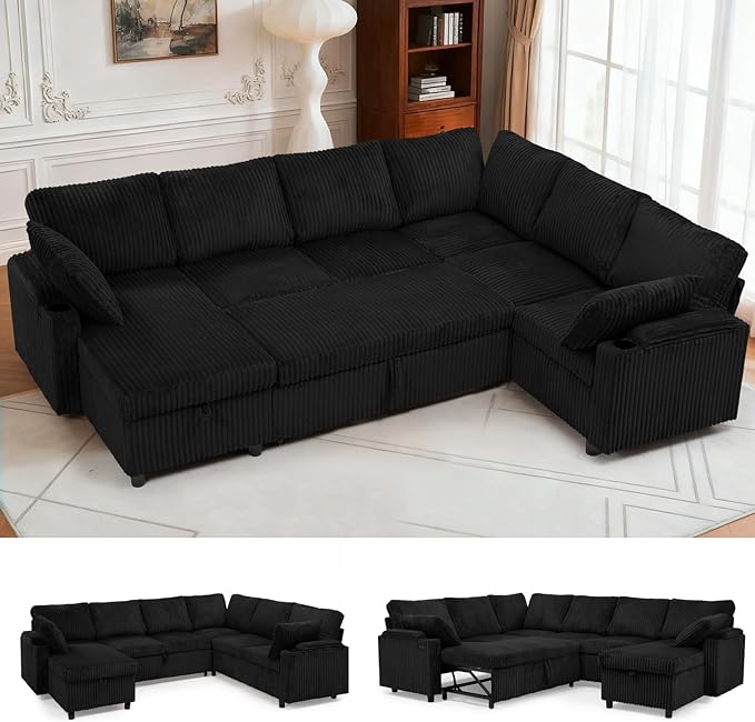 110” Corduroy Sectional Sofa w/Pull Out Bed &amp Storage Chaise Reversible U Shaped Sofa w/Storage Armrests &amp Cup Holders Corner Couch w/USB Charging Port &amp Throw Pillow for Living Room Bl
