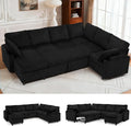 110” Corduroy Sectional Sofa w/Pull Out Bed &amp Storage Chaise Reversible U Shaped Sofa w/Storage Armrests &amp Cup Holders Corner Couch w/USB Charging Port &amp Throw Pillow for Living Room Bl