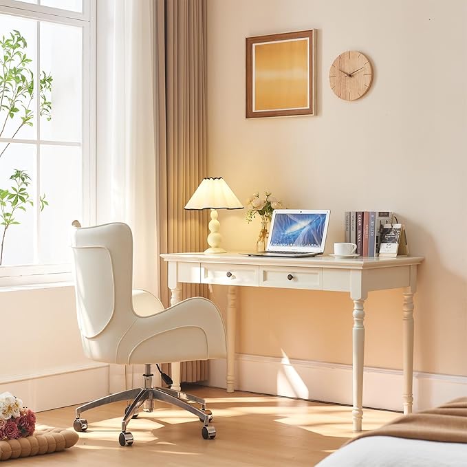 French Country Desk Farmhouse Writing Desk Solid Wood Computer Table with Drawers 47” Home Office Study Living Room Furniture Rustic Beige Finish (White 47in)