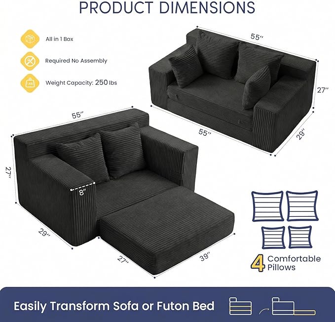 Boneless Couch Loveseat Sleeper Convertible Sofa Bed Folding Couch Bed Foldable 2 in 1 Boneless Chair Bed &amp Futon Sofa Bed Small Pull Out Sofa with 4 Pillows for Living Room Black | No Assembl