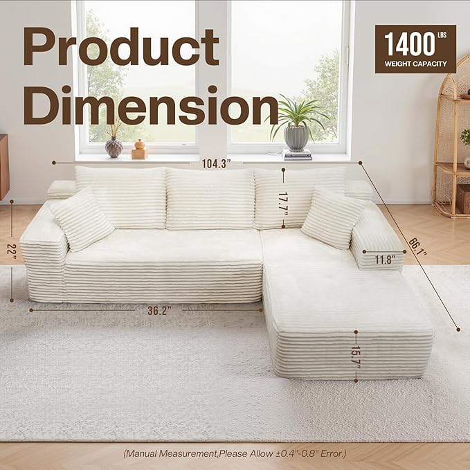 106'' Modular Sectional Sofa L-Shaped Boneless Cloud Couch with Chaise Lounge 4-in-1 Flexible Combination Faux Rabbit Fur &amp Layered Cushion Deep Seat No Assembly Beige Right Facing Chaise