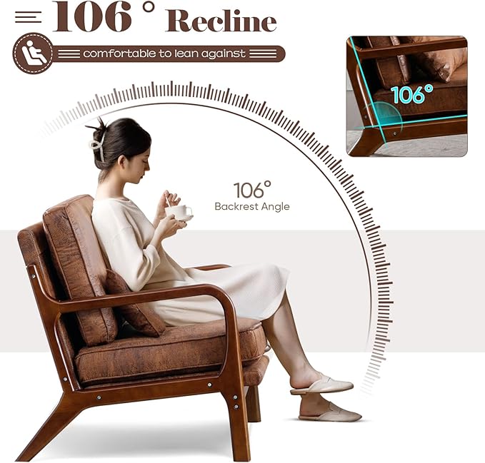 Brown Leather Accent Chairs Mid Century Modern Living Room Chairs Sillas De Sala Solid Ruberwood Arm Chair for Livingroom Bedroom Office Comfy Reading Lounge Decorative Side Sitting Chair
