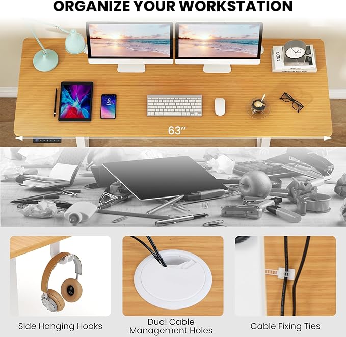 Tangkula 63 Inch Height Adjustable Electric Standing Desk Extra Large Sit Stand Desk with 3 Memory Height Settings Anti-Collision System 2 Hanging Hooks &amp Wire Holes Rising Desk for Home Offic