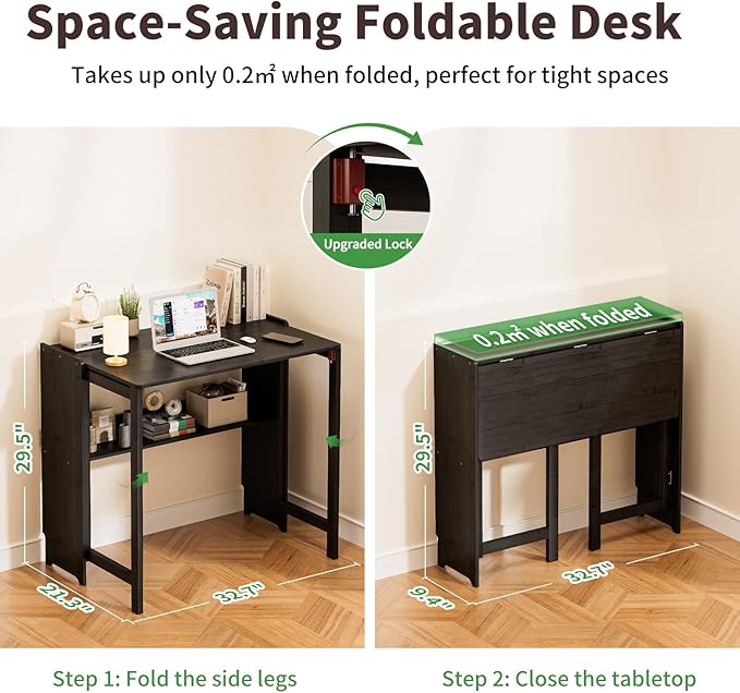 Bamboo Foldable Desk Folding Desks for Small Spaces Mid Century Small Computer Desk with Bookshelf for Bedroom Home Office Black