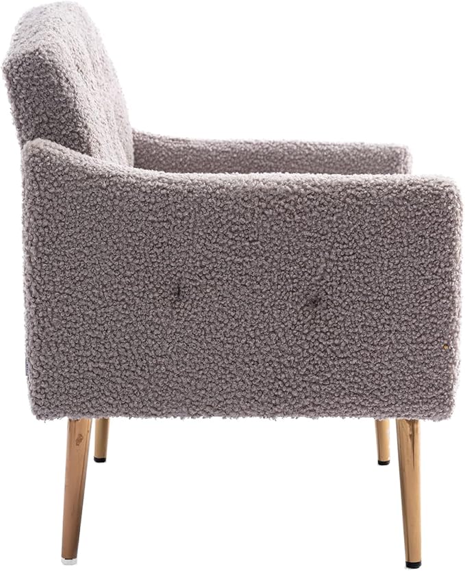 Modern Teddy Fabric Accent ChairUpholstered Button-Tufted Single SofaComfy Armchair Chair with Rose Golden Legsfor Living Room Bedroom Home Office (Grey)