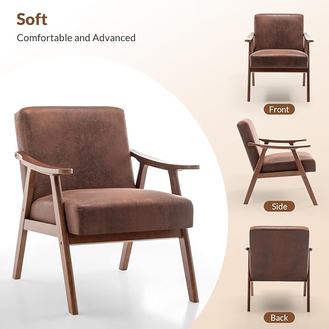 Rovibek Upholstered Accent Chair with Arms - Mid Century Modern Accent Chairs with Wood Frame Upholstered Arm Chairs with 5.9in Thick Foam Brown Occasional Chair Set of 2