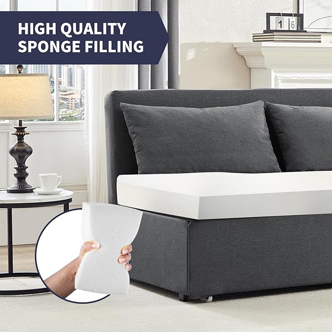 2 in 1 Pull Out Sofa Bed Queen Size Small Convertible Sleeper Sofa Couch Linen Folding Guest Bed with Wheels and Cushions Pillow Futon Sofas Couch Beds for Bedroom Office Lounge - Dark Grey