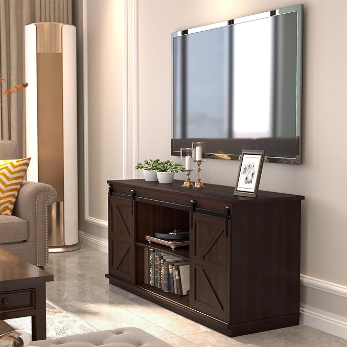 JUMMICO TV Stand for 65 Inch TV Entertainment Center with Storage Cabinets and Sliding Barn Doors Mid Century Modern Media TV Console Table for Living Room Bedroom (Brown)