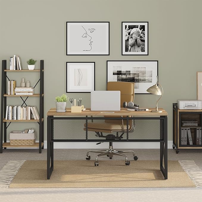 BON AUGURE Farmhouse Computer Desk Modern Industrial Home Office Desks Wood Metal Study Writing Table Sturdy Gaming Desk (Vintage Oak 54 Inch)
