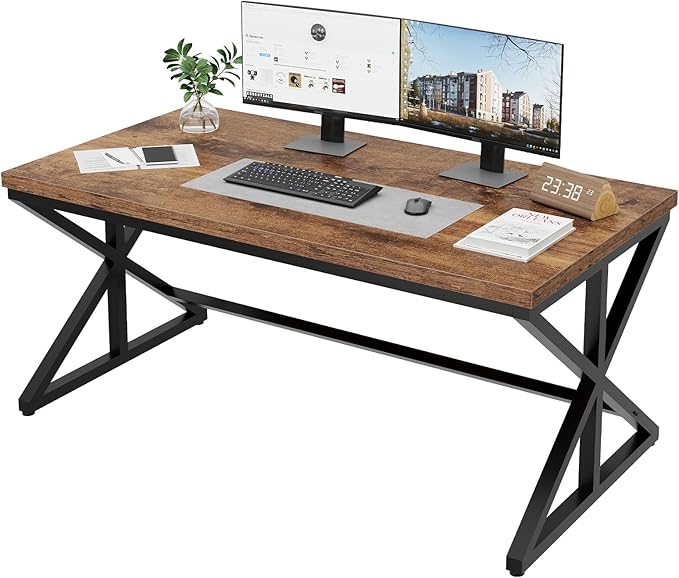 IBF 55” Rustic Computer Desk Industrial Brown Home Office Desk Wooden Metal Executive Pc Computer Desk Table Wood Student Gaming Study Computer Table for Bedroom Living Room Rustic Brown 55 Inch
