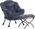 HollyHOME Lazy Chair with Foldable Ottoman Accent Comfy Lounge Armchair and Folding Footrest Stool Leisure Sofa Reading Chair and Footstool for Living Room Bedroom DormFaux Fur Navy Blue