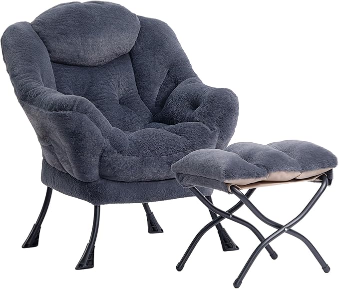HollyHOME Lazy Chair with Foldable Ottoman Accent Comfy Lounge Armchair and Folding Footrest Stool Leisure Sofa Reading Chair and Footstool for Living Room Bedroom DormFaux Fur Navy Blue