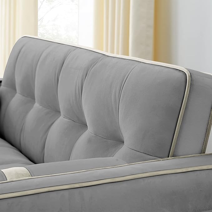 3 in 1 Sleeper Sofa Couch Bed Small Tufted Velvet Convertible Loveseat Futon Sofa w/Pullout Bed Adjustable Backrest Cylinder Pillows for Living Room Apartment Easy to Assemble Grey 55.5
