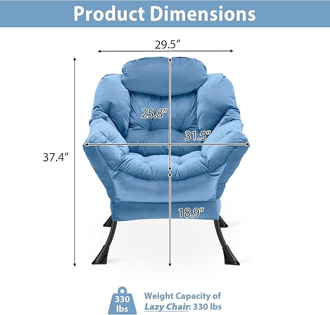 Lazy Chair Thick Padded Comfy Velvet Accent Lounge Chair with Stable Frame Leisure Sofa Armchair with Armrests and Side Pocket Reading Chair for Bedroom Living Room Office Light Blue