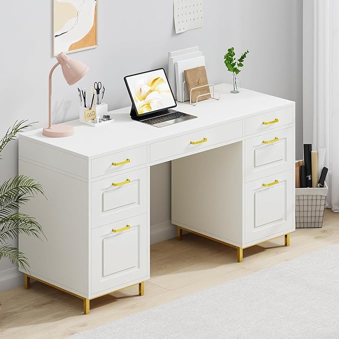 White and Gold Desk with 2 File Drawers 57 Inch Office Computer Desk with 7 Drawers White Desk with Storage Wooden Executive Desk for Office Workspace for Work Study Writing