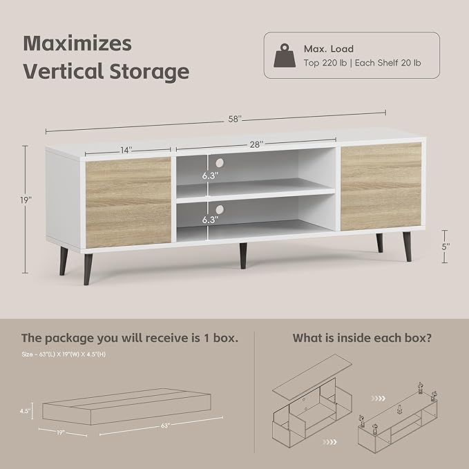 YESHOMY Modern TV Stand for 65 Inch TV 58 Entertainment Center with Storage Cabinets Media Console for Living Room &amp Apartment Minimalist Retro TV Cabinet Bright White