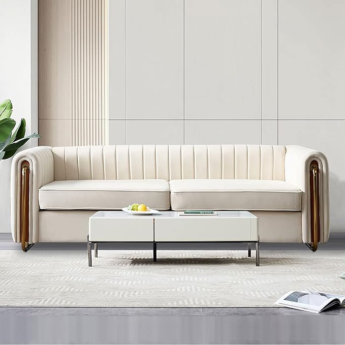 kevinplus 84.2'' Velvet Chesterfield Sofa Couch for Living Room Modern Luxury 3-Seat Upholstered Sofa Couch for Apartment Bedroom Dorm Office Strong Gold Metal Legs (Channel Backrest Beige)