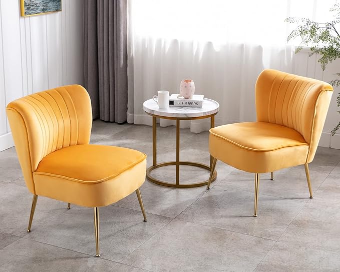CIMOTA Velvet Accent Chairs Set of 2 Modern Armless Slipper Wingback Single Sofa Side Chair Comfy Corner Chair with Golden Legs for Living Room Bedroom Yellow