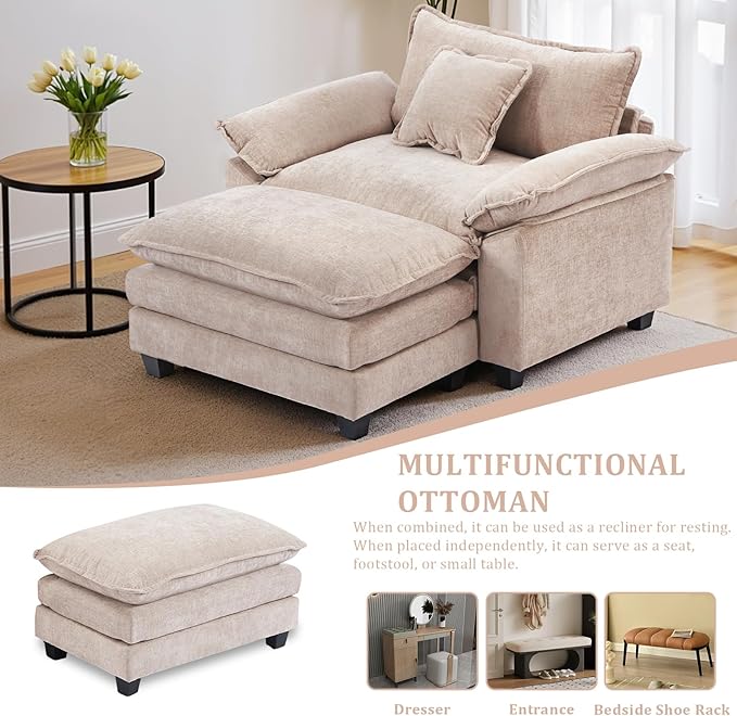 Oversized Accent Chair with OttomanOversize Chair Chenille Sofa with ArmrestsComfy Living Room Sofa with Deep Seat &amp PillowsOversized Reading Accent Chairs Couch Lounge for Bedroom (Khaki)