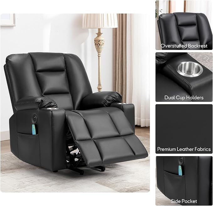 Bonzy Home Power Lift Chair with Heat and Massage Faux Leather Lift Recliner Chair for Adults Elderly Upholstered Recliner with 2 Cup Holders Side Pocket USB and Type-c Port Black