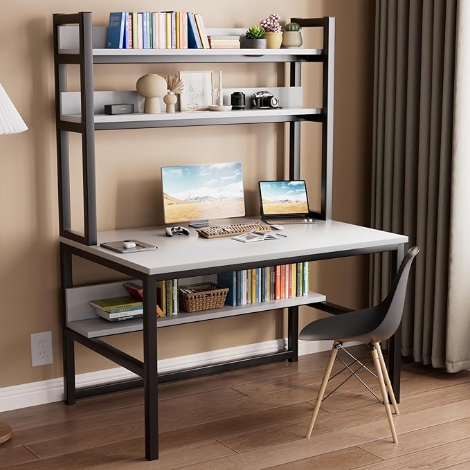 Aquzee Computer Desk Easy Assembly Gaming Table with Hutch and Shelves 4 Tiers Desk with Large Wood Desktop Metal Legs Ideal for Storage Study Work Writing Homework White 55Wx65Hx23.6D Inches