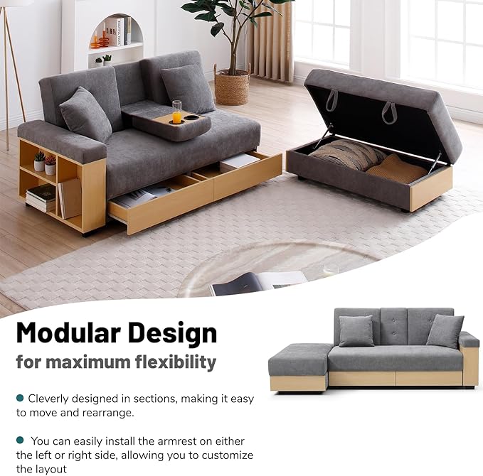 JOYBASE Modular Sectional Sofa Couch with Storage Ottoman 3-Seater Convertible Sofa Bed with Reversible Armrest Drawers and Cup Holders for Apartment Living Room (Grey)