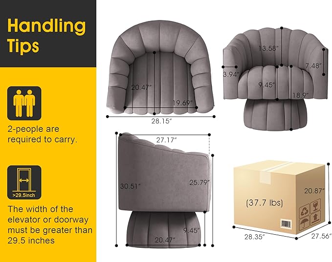 Accent Chair Mid Century 360 Degree Swivel ChairModern Lounge Sofa Round Barrel Chair with Wide UpholsteredFluffy Velvet Fabric Chairs for Home Sofa Living Room/Bedroom/Waiting Room (Grey)