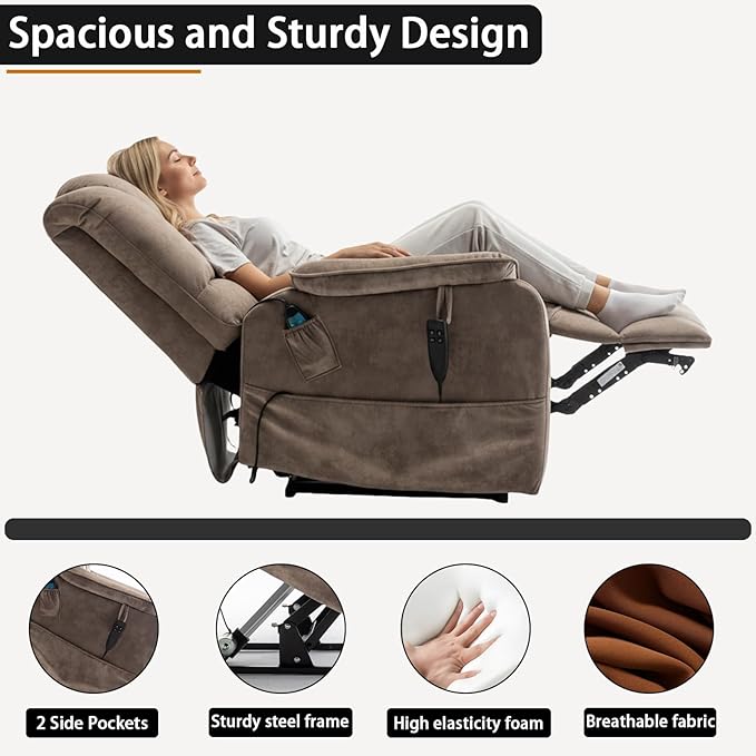Lift Recliner Chair Lay Flat 180°Heavy DutyInfinite Position with Massage and Heating Functions Adjustable Upholstered Dual Motor Power Stand Up Lifting ReclinerSuitable for Living Room(Brown)