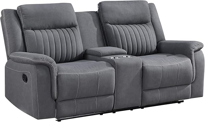 Lexicon Manual Double Reclining Loveseat Polished Microfiber Manual Wall Hugger Loveseat Recliner for Living Room Center Storage Console/Cup Holders Easy Assembly Gray