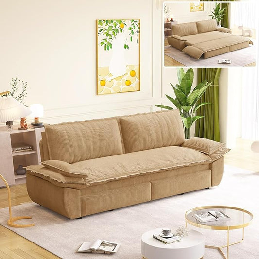73.2 Queen Size 3-in-1 Convertible Pull Out Sofa Bed with Wheels Multi-Functional Velvet Loveseat Bed for Living Room and Bedroom (Camel)