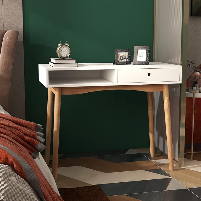 Home Office Desk Computer Desk with Storage Drawers Laptop PC Workstation with Storage Compartment Writing Study Desk with Solid Wood Legs for Home Office Bedroom Study Living Room