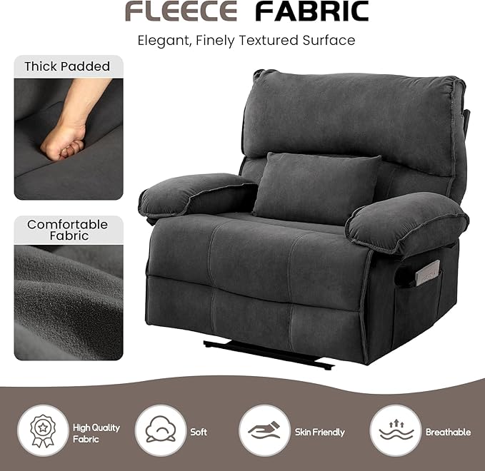 Oversized Recliner Chair for Adult Plus Size 49.21 Extra Wide Seat Manual Fleece Recliner with Pockets Ergonomic Massage Heated for Living Room Bedroom Home Threater Office Lounge (Grey)