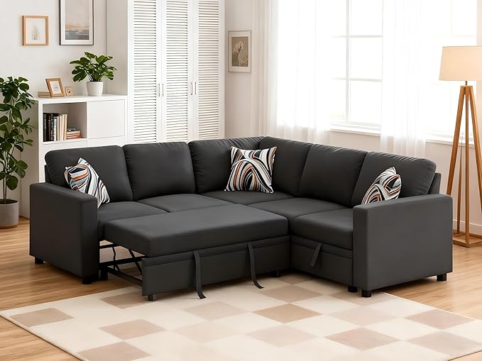 Sleeper Sofa Couch with Pull Out Bed L Shaped Couch Bed with Storage Sectional Sleep Couches Convertible Sleeper Sofa Beds W/Reversible Chaise&ampBack Cushion for Living Room Grey