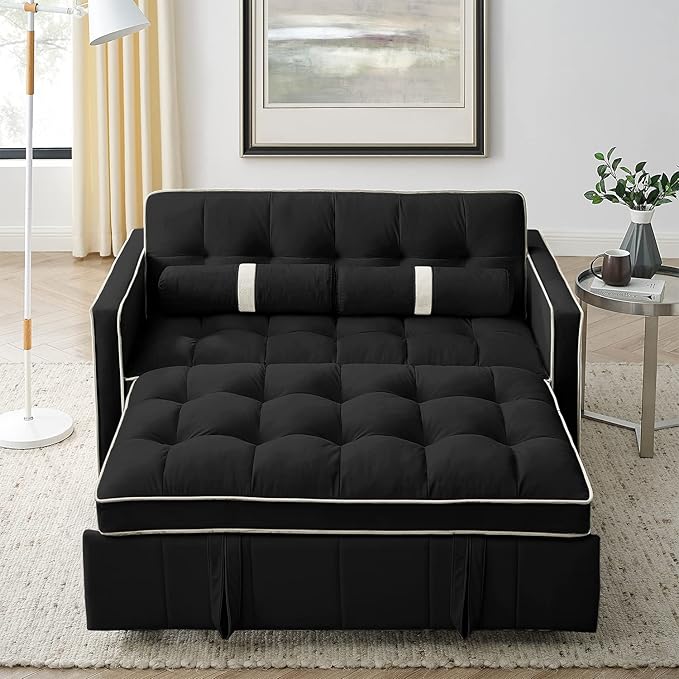 3 in 1 Sleeper Sofa Couch Bed Small Tufted Velvet Convertible Loveseat Futon Sofa w/Pullout Bed Adjustable Backrest Cylinder Pillows for Living Room Apartment Easy to Assemble Black 55.5