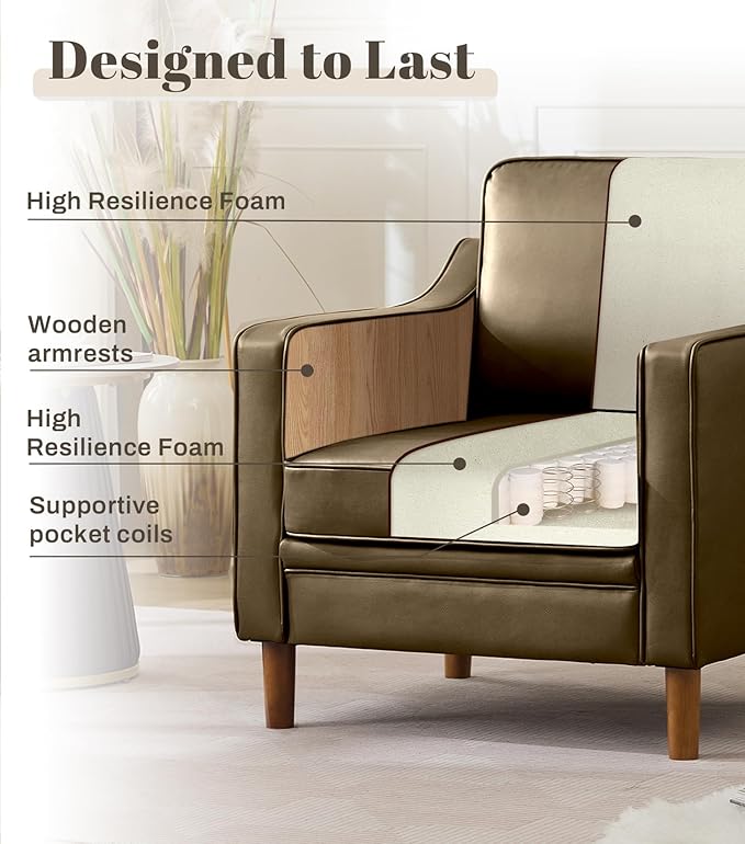Kingfun Accent Chair Living Room Chairs Faux Leather Reading Armchair Mid Century with Solid Wood Foot Upholstered Modern Decor for Bedroom Apartment Green