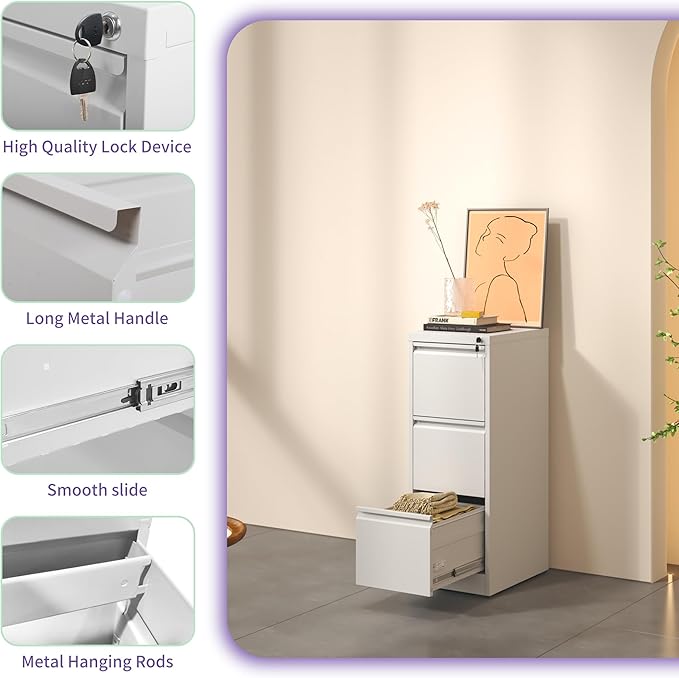 3 Drawer Small File Cabinet with Lock Locking Metal Filing Cabinet for Home Office Under Desk Storage Cabinet Organizer with DrawersWhite