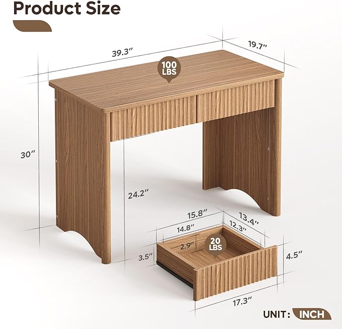 Bestier 40 Inch Fluted Wood Computer Desk with Drawers Modern Home Office Desk Compact Writing Desk Laptop PC Desk for Bedroom Studio Study Room Small Space &amp Dorm