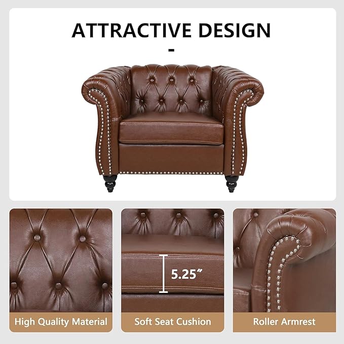 AVZEAR Leather Upholstered Armchair Single Sofa Chair with Rolled Arms and Nailhead Mid-Century Modern Tufted PU Chesterfield Chair for Living Room Bedroom Office Apartment PU Brown