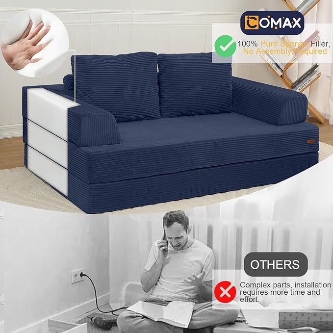 COMAX Convertible Sofa Bed Folding Floor Couch Corduroy Fold Out Couch Bed Futon Sleeper Mattress with Pillows Boneless Sofa Comfy Lounge Loveseat for Living Room Bedroom Navy